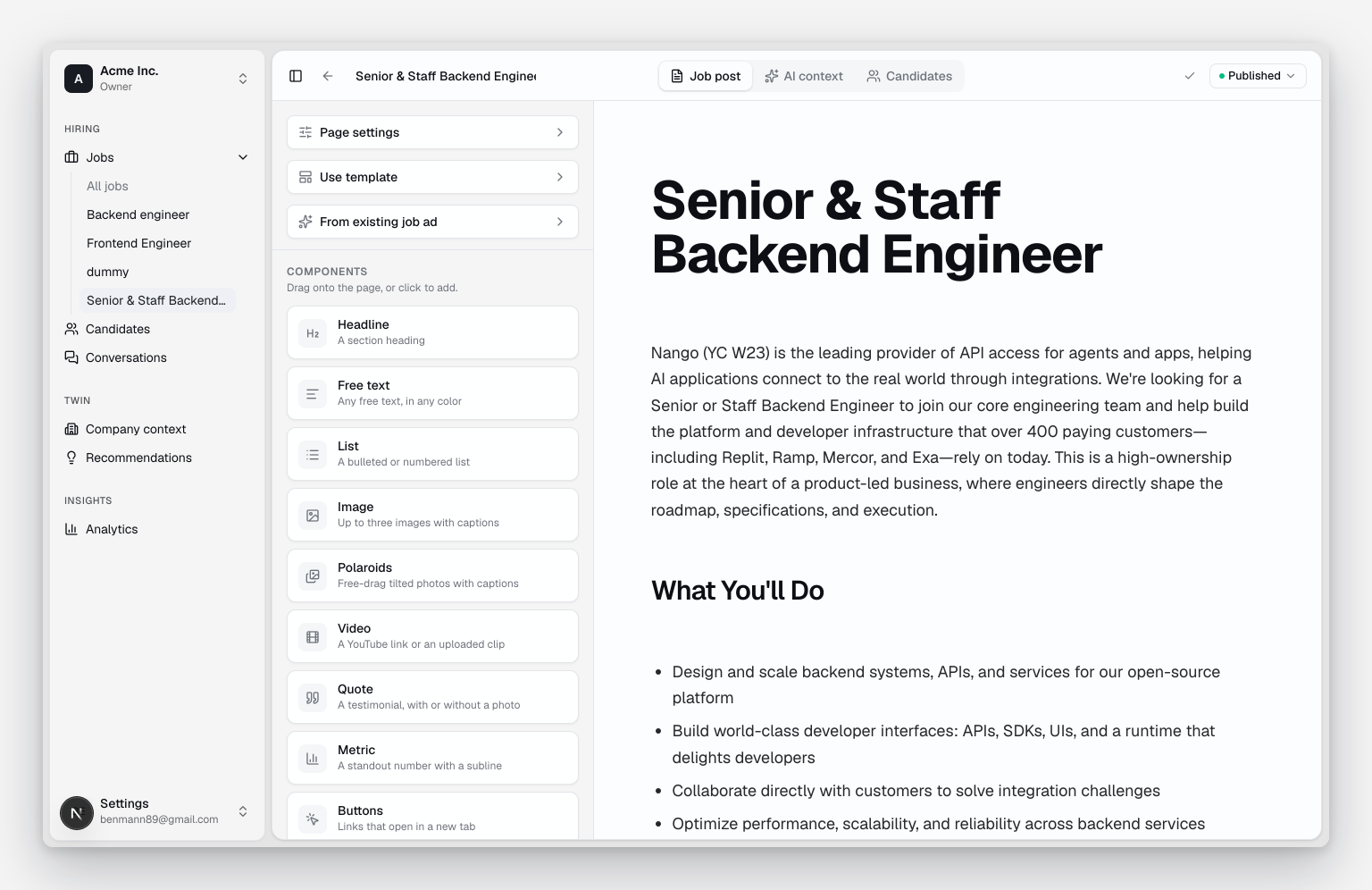 Screenshot the engine captured: a job post editor with a component sidebar beside a published Senior and Staff Backend Engineer post